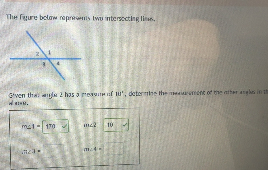 Solved: The figure below represents two intersecting lines. Given that ...