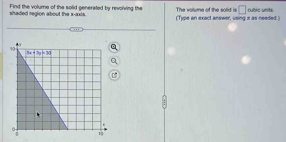 Find the volume of the solid generated by revolving the The volume of the solid is □° cubic units.
shaded region about the x-axis.
(Type an exact answer, using π as needed.)