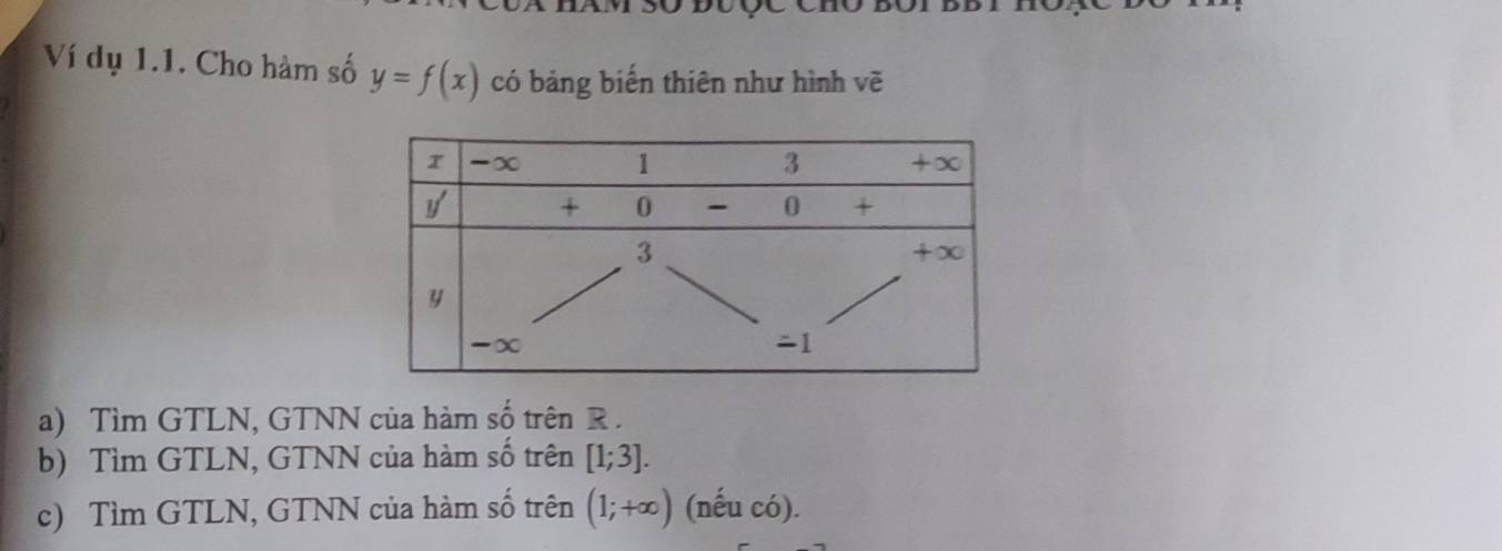 Ví dụ 1.1. Cho hàm số y=f(x) có bảng biến thiên như hình vẽ 
a) Tìm GTLN, GTNN của hàm số trên R. 
b) Tìm GTLN, GTNN của hàm số trên [1;3]. 
c) Tìm GTLN, GTNN của hàm số trên (1;+∈fty ) (nếu có).