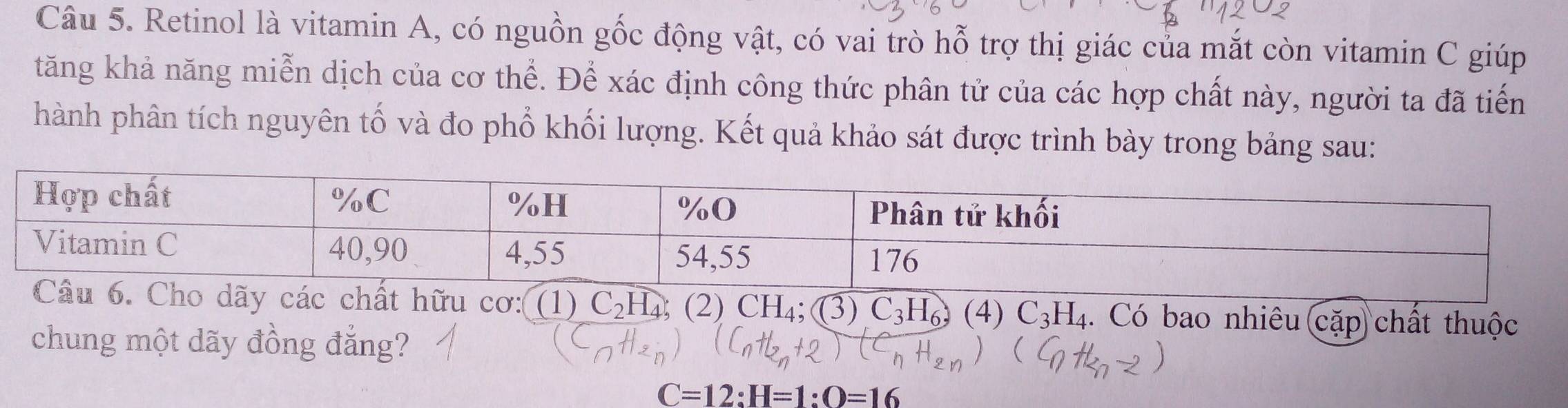 Retinol là vitamin A, có nguồn gốc động vật, có vai trò hỗ trợ thị giác của mắt còn vitamin C giúp 
tăng khả năng miễn dịch của cơ thể. Để xác định công thức phân tử của các hợp chất này, người ta đã tiến 
hành phân tích nguyên tố và đo phổ khối lượng. Kết quả khảo sát được trình bày trong bảng sau: 
: (1) C_2H_4; (2) CH_4:(3) C_3H_6, (4)C_3H_4. Có bao nhiêu cặp chất thuộc 
chung một dãy đồng đẳng?
C=12 : H=1 : O=16