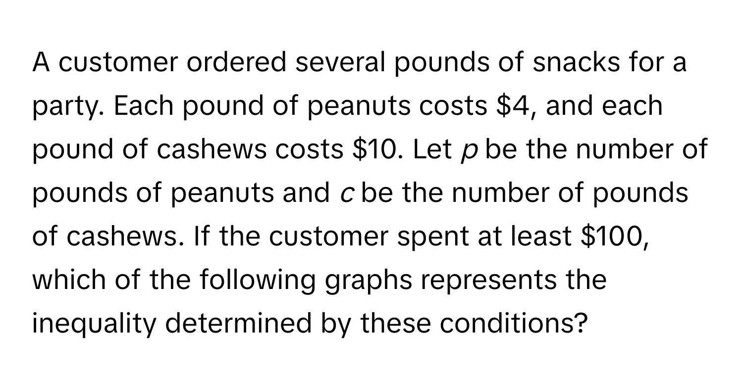 A customer ordered several pounds of snacks for a party. Each pound of peanuts costs $4, and each pound of cashews costs $10. Let *p* be the number of pounds of peanuts and *c* be the number of pounds of cashews. If the customer spent at least $100, which of the following graphs represents the inequality determined by these conditions?