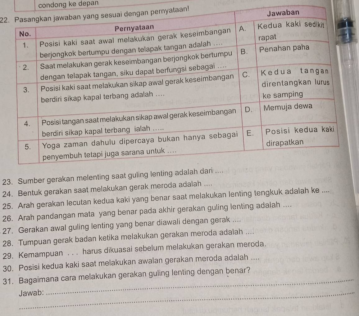 condong ke depan 
22.an! 
23. Sumber gerakan melenting s 
24. Bentuk gerakan saat melakukan gerak meroda adalah .... 
25. Arah gerakan lecutan kedua kaki yang benar saat melakukan lenting tengkuk adalah ke .... 
26. Arah pandangan mata yang benar pada akhir gerakan guling lenting adalah .... 
27. Gerakan awal guling lenting yang benar diawali dengan gerak .... 
28. Tumpuan gerak badan ketika melakukan gerakan meroda adalah .... 
29. Kemampuan . . . harus dikuasai sebelum melakukan gerakan meroda. 
30. Posisi kedua kaki saat melakukan awalan gerakan meroda adalah .... 
31. Bagaimana cara melakukan gerakan guling lenting dengan benar? 
Jawab: 
_