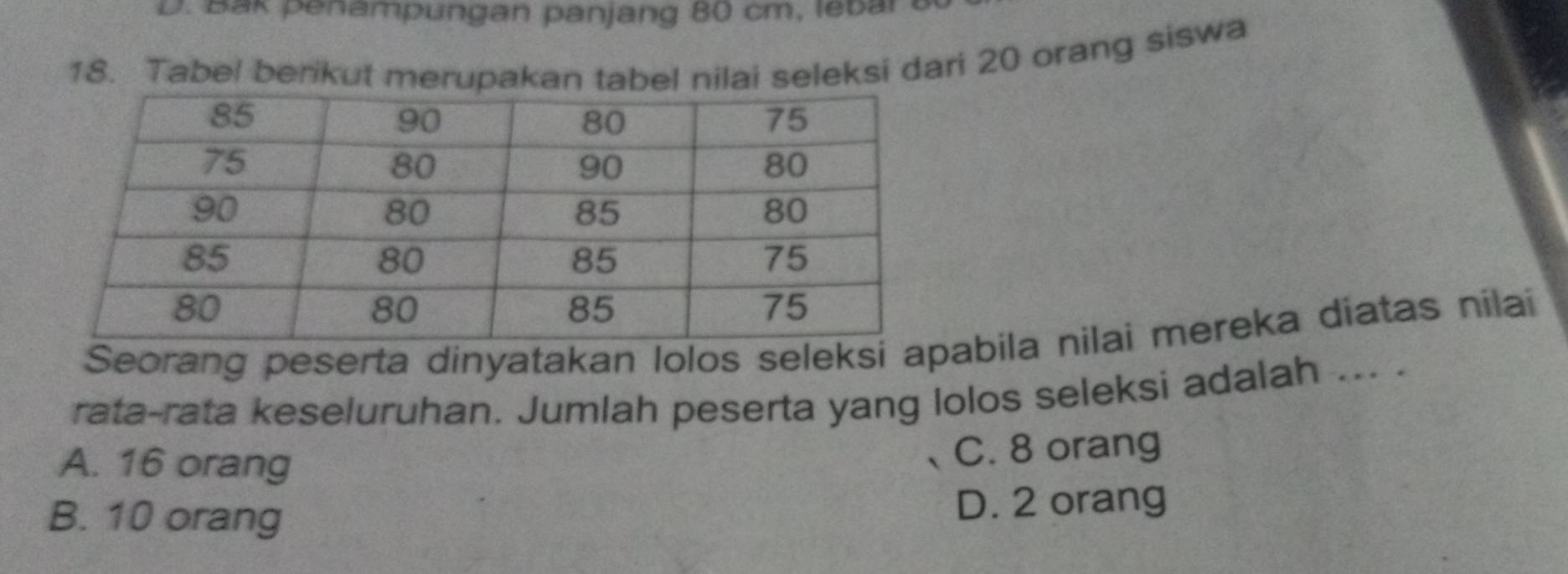 Bak penampungan panjang 80 cm, leban
18. Tabel berikut merupakan tabel nilai seleksi dari 20 orang siswa
Seorang peserta dinyatakan lolos seleksi apabila nilai mereka diatas nilai
rata-rata keseluruhan. Jumlah peserta yang lolos seleksi adalah ... .
A. 16 orang
C. 8 orang
B. 10 orang D. 2 orang