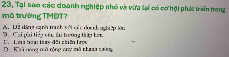 23, Tại sao các doanh nghiệp nhỏ và vừa lại có cơ hội phát triển trong
mô trường TMĐT?
A. Dễ dàng cạnh tranh với các doanh nghiệp lớn
B. Chi phí tiếp cận thị trường thấp hơn
C. Linh hoạt thay đổi chiến lược
D. Khả năng mở rộng quy mô nhanh chóng