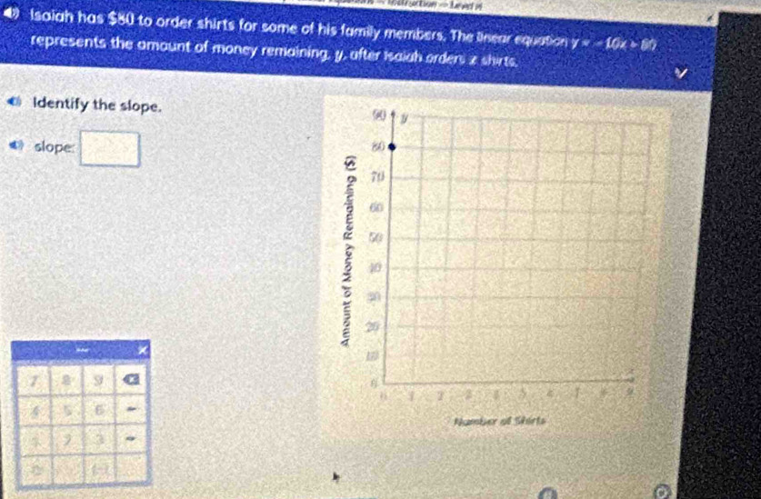 Isaiah has $80 to order shirts for some of his family members. The linear equation y=-10x+80
represents the amount of money remaining, y, after Isaiah orders z shirts. 
Identify the slope. 
slope
7 9
4 5 6
3