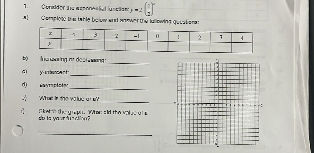 Consider the exponential function: y=2· ( 1/2 )^x
a) Complete the table below and answer the following questions: 
b) Increasing or decreasing:_ 
c) y-intercept:_ 
d) asymptote: 
_ 
e) What is the value of a?_ 
f) Sketch the graph. What did the value of a 
do to your function? 
_