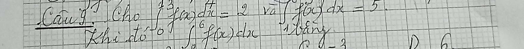 Catud? CAo
Khi sto ∈t _0^(13)f(x)dx=2va|f(x)dx=5.
J f(x)
-3
D 6