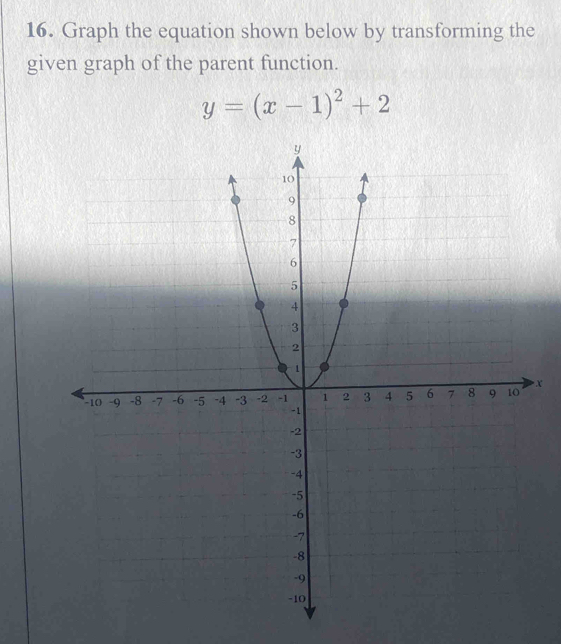 Graph the equation shown below by transforming the 
given graph of the parent function.
y=(x-1)^2+2
X