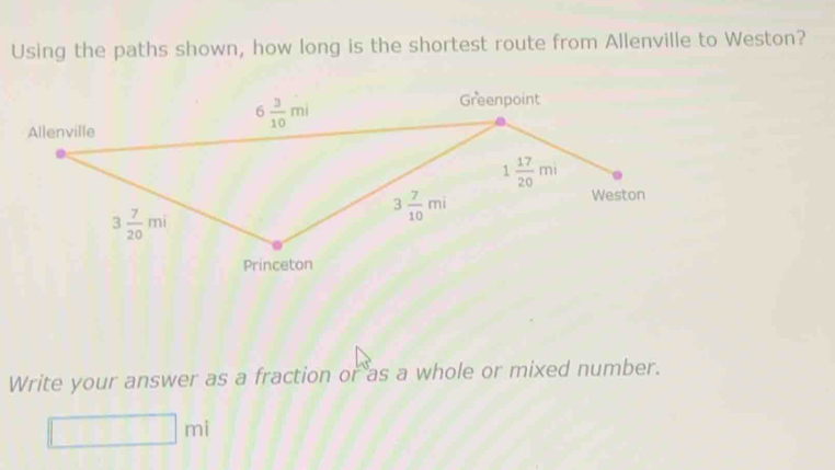 Using the paths shown, how long is the shortest route from Allenville to Weston?
Write your answer as a fraction or as a whole or mixed number.
□ mi