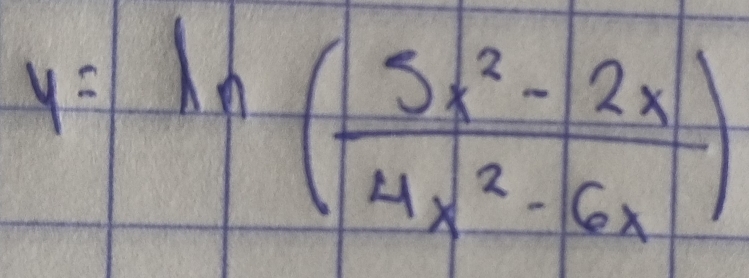 y=ln ( (5x^2-2x)/4x^2-6x )