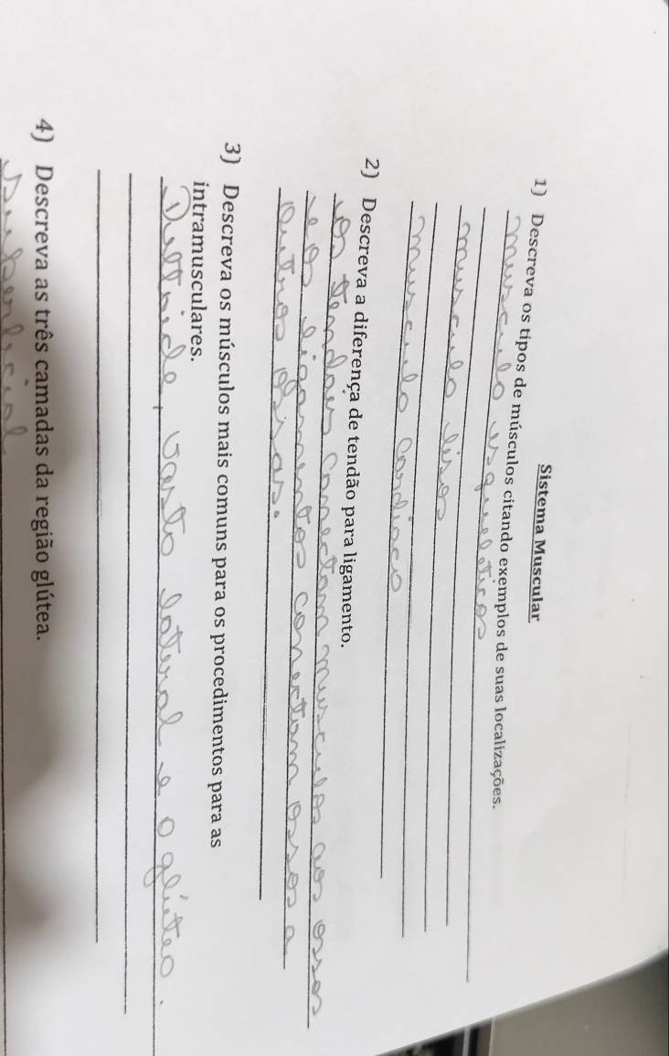 Sistema Muscular 
_ 
_ 
1) Descreva os tipos de músculos citando exemplos de suas localizações. 
_ 
_ 
_ 
_ 
2) Descreva a diferença de tendão para ligamento. 
_ 
_ 
3) Descreva os músculos mais comuns para os procedimentos para as 
intramusculares. 
_ 
_ 
_ 
4) Descreva as três camadas da região glútea. 
_ 
_ 
_ 
_