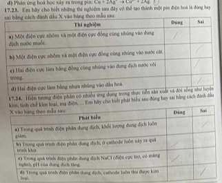 đã Phân ứng hoá học xây ra trong pin: Cu+2Ag^+to Cu^(2+)+2Ag
17.23. Em hãy cho biết những thi nghiệm sau đây có thể tạo thành một pin điện hoá là đùng hay 
u