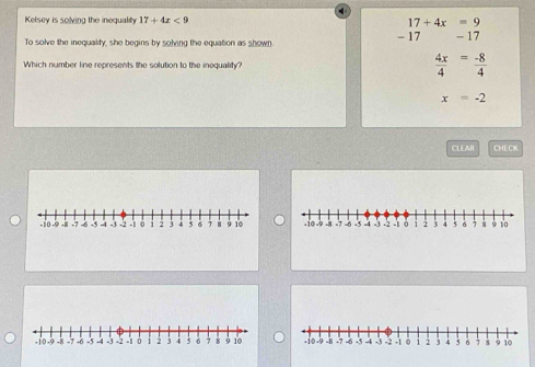 Kelsey is solving the inequality 17+4x<9</tex> 17+4x=9
To solve the inequality, she begins by solving the equation as shown
- 17 -17
Which number line represents the solution to the inequality?  4x/4 = (-8)/4 
x=-2
CLEAR CHLC