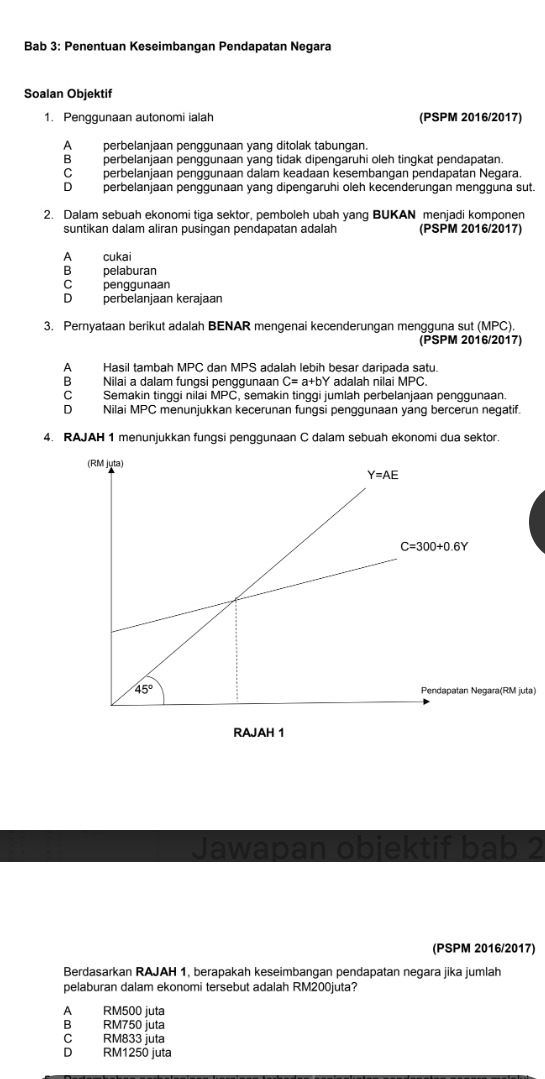 Bab 3: Penentuan Keseimbangan Pendapatan Negara
Soalan Objektif
1. Penggunaan autonomi ialah (PSPM 2016/2017)
A perbelanjaan penggunaan yang ditolak tabungan.
B perbelanjaan penggunaan yang tidak dipengaruhi oleh tingkat pendapatan.
Cperbelanjaan penggunaan dalam keadaan kesembangan pendapatan Negara.
D perbelanjaan penggunaan yang dipengaruhi oleh kecenderungan mengguna sut.
2. Dalam sebuah ekonomi tiga sektor, pemboleh ubah yang BUKAN menjadi komponen
suntikan dalam aliran pusingan pendapatan adalah (PSPM 2016/2017)
A cukai
B pelaburan
C penggunaan
D perbelanjaan kerajaan
3. Pernyataan berikut adalah BENAR mengenai kecenderungan mengguna sut (MPC).
(PSPM 2016/2017)
A Hasil tambah MPC dan M PS adalah lebih besar daripada satu.
B Nilai a dalam fungsi penggunaan C=a+bY adalah nilai MPC.
C Semakin tinggi nilai MPC , semakin tinggi jumlah perbelanjaan penggunaan
D Nilai MPC menunjukkan kecerunan fungsi penggunaan yang bercerun negatif.
4. RAJAH 1 menunjukkan fungsi penggunaan C dalam sebuah ekonomi dua sektor.
ara(RM juta)
RAJAH 1
Jawapan objektif bab 2
(PSPM 2016/2017)
Berdasarkan RAJAH 1, berapakah keseimbangan pendapatan negara jika jumlah
pelaburan dalam ekonomi tersebut adalah RM200juta?
A RM500 juta
B RM750 juta
C RM833 juta
D RM1250 juta