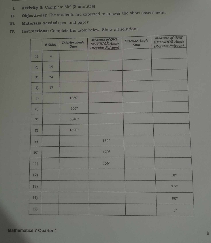 Activity 5: Complete Me! (5 minutes)
II. Objective(s): The students are expected to answer the short assessment.
III. Materials Needed: pen and paper
IV. ete the table below. Show all solutions.
Mathematics 7 Quarter 1
6