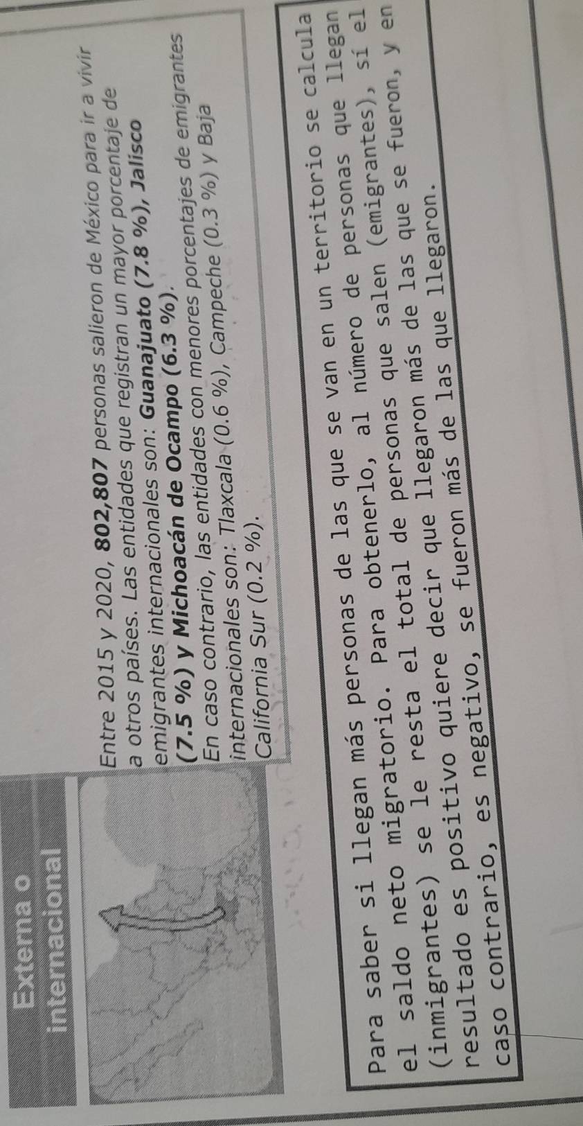 Externa o
internacional
tre 2015 y 2020, 802, 807 personas salieron de México para ir a vivir
otros países. Las entidades que registran un mayor porcentaje de
igrantes internacionales son: Guanajuato (7.8 %), Jalisco
. 5 %) y Michoacán de Ocampo (6.3 %).
caso contrario, las entidades con menores porcentajes de emigrantes
ternacionales son: Tlaxcala (0.6 %), Campeche (0.3 %) y Baja
alifornia Sur (0.2 %).
Para saber si llegan más personas de las que se van en un territorio se calcula
el saldo neto migratorio. Para obtenerlo, al número de personas que llegan
(inmigrantes) se le resta el total de personas que salen (emigrantes), sí el
resultado es positivo quiere decir que llegaron más de las que se fueron, y en
caso contrario, es negativo, se fueron más de las que llegaron.