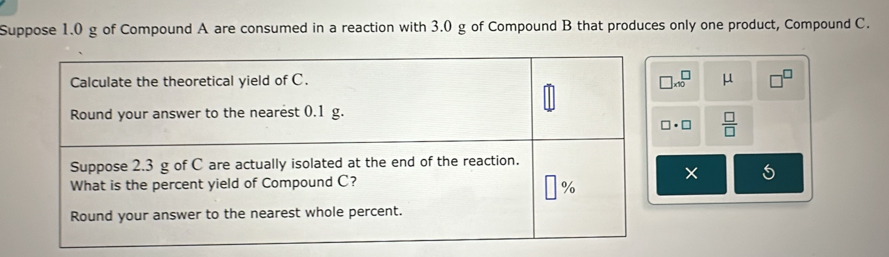 Suppose 1.0 g of Compound A are consumed in a reaction with 3.0 g of Compound B that produces only one product, Compound C.
□ * 10^(□
μ
□ · □ frac □)□ 
× 5