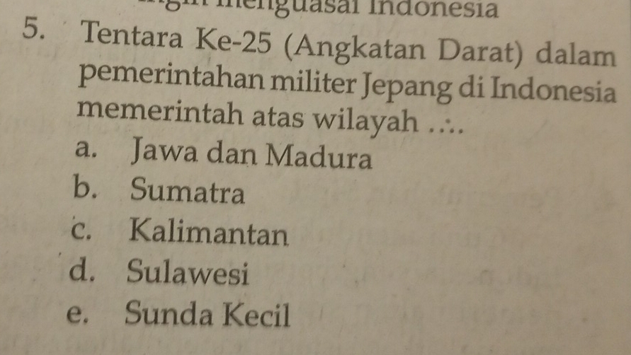 Ienguasal Indonesía
5. Tentara Ke- 25 (Angkatan Darat) dalam
pemerintahan militer Jepang di Indonesia
memerintah atas wilayah ...
a. Jawa dan Madura
b. Sumatra
c. Kalimantan
d. Sulawesi
e. Sunda Kecil