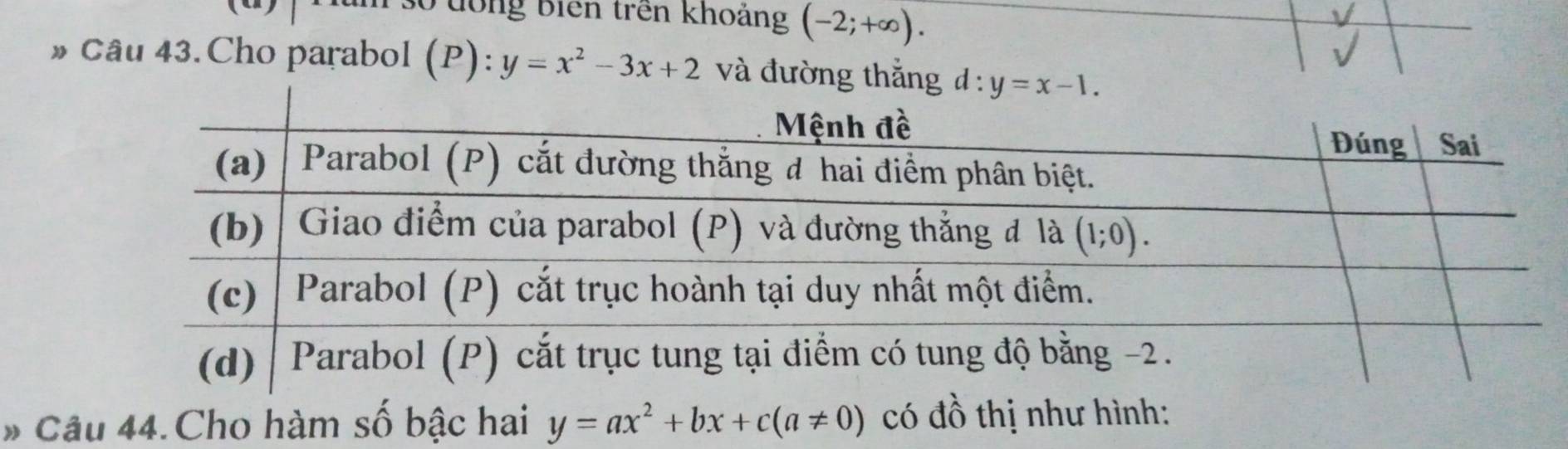 0 đong biên trên khoảng (-2;+∈fty ).
» Câu 43.Cho parabol ( P):y=x^2-3x+2 và đường thắng d:y=x-1.
# Câu 44.Cho hàm số bậc hai y=ax^2+bx+c(a!= 0) có đồ thị như hình: