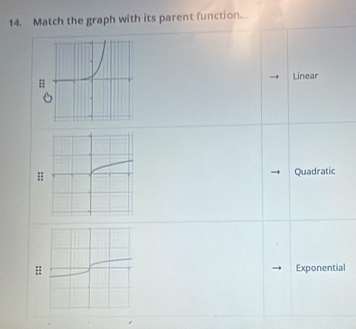 Match the graph with its parent function
Linear
:: Quadratic
:: Exponential