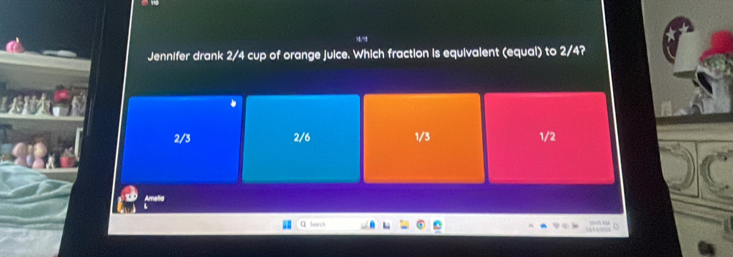 Jennifer drank 2/4 cup of orange juice. Which fraction is equivalent (equal) to 2/4?
2/3 2/6 1/3 1/2
Amelia
Sarch