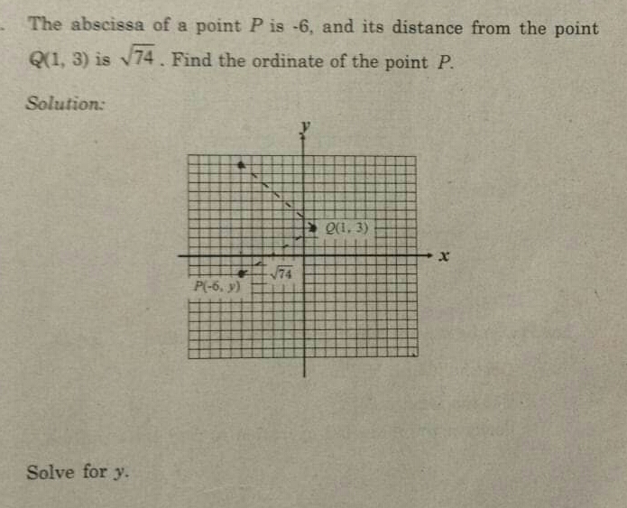 a The abscissa of a point P is -6, and its distance from the point
Q(1,3) is sqrt(74). Find the ordinate of the point P.
Solution:
Solve for y.