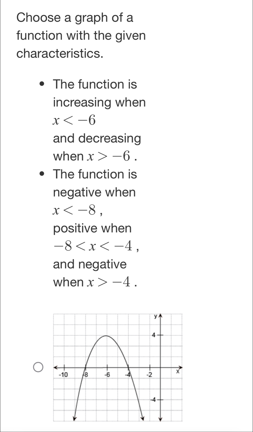 Choose a graph of a
function with the given
characteristics.
The function is
increasing when
x
and decreasing
when x>-6.
The function is
negative when
x ,
positive when
-8 ,
and negative
when x>-4.