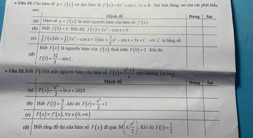 » Câu 32. Cho hàm số y=f(x) có đạo hàm là f'(x)=8x^3+sin x,forall x∈ R. Xét tính đúng, sai của các phát biểu
» Câu 33.Biết F(x) là một nguyên hàm của hàm số f(x)= (x^2+1)/x  trên khoảng (0;+∈fty ).