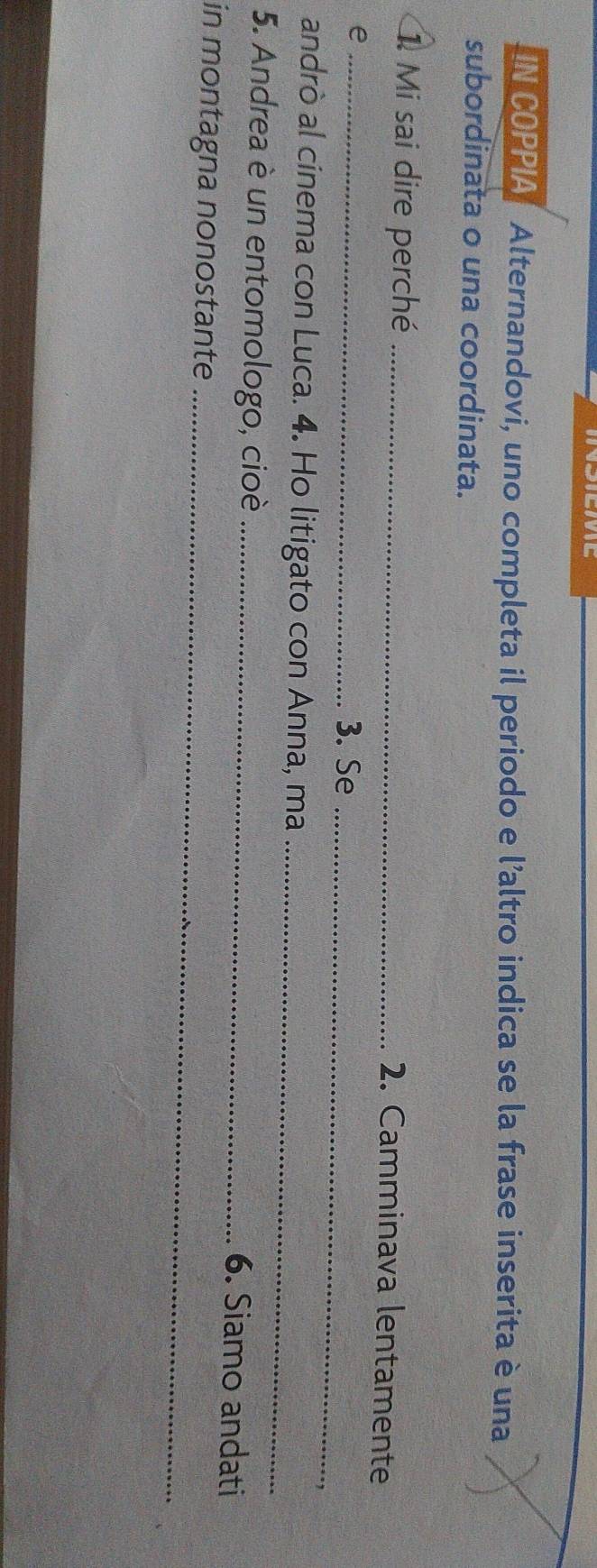 IN COPPIA Alternandovi, uno completa il periodo e l'altro indica se la frase inserita è una 
subordinata o una coordinata. 
1 Mi sai dire perché _2. Camminava lentamente 
_e 
3. Se_ 
andrò al cínema con Luca. 4. Ho litigato con Anna, ma 
_ 
5. Andrea è un entomologo, cioè _6. Siamo andati 
in montagna nonostante_