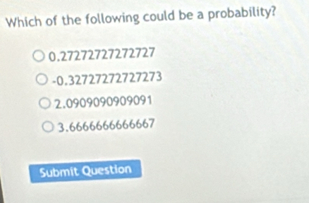 Which of the following could be a probability?
0.27272727272727
-0.32727272727273
2.0909090909091
3.6666666666667
Submit Question