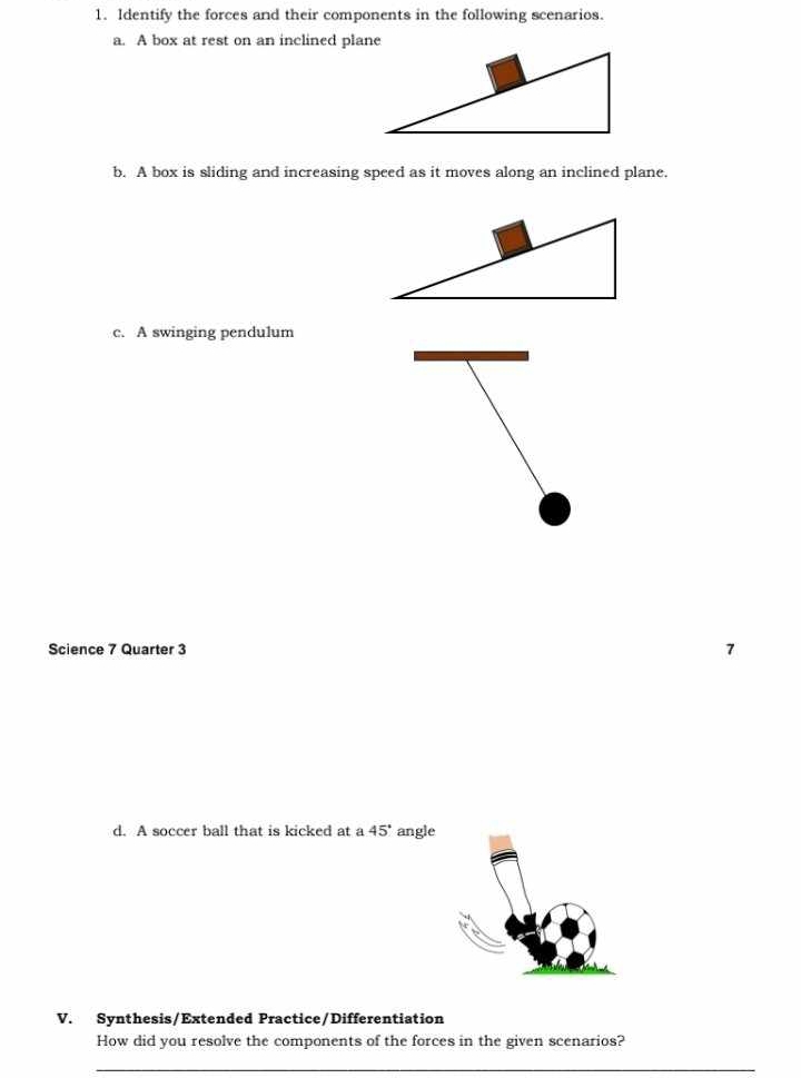 Identify the forces and their components in the following scenarios. 
a. A box at rest on an inclined plane 
b. A box is sliding and increasing speed as it moves along an inclined plane. 
c. A swinging pendulum 
Science 7 Quarter 3 7 
d. A soccer ball that is kicked at a 45° angle 
V. Synthesis/Extended Practice/Differentiation 
How did you resolve the components of the forces in the given scenarios? 
_