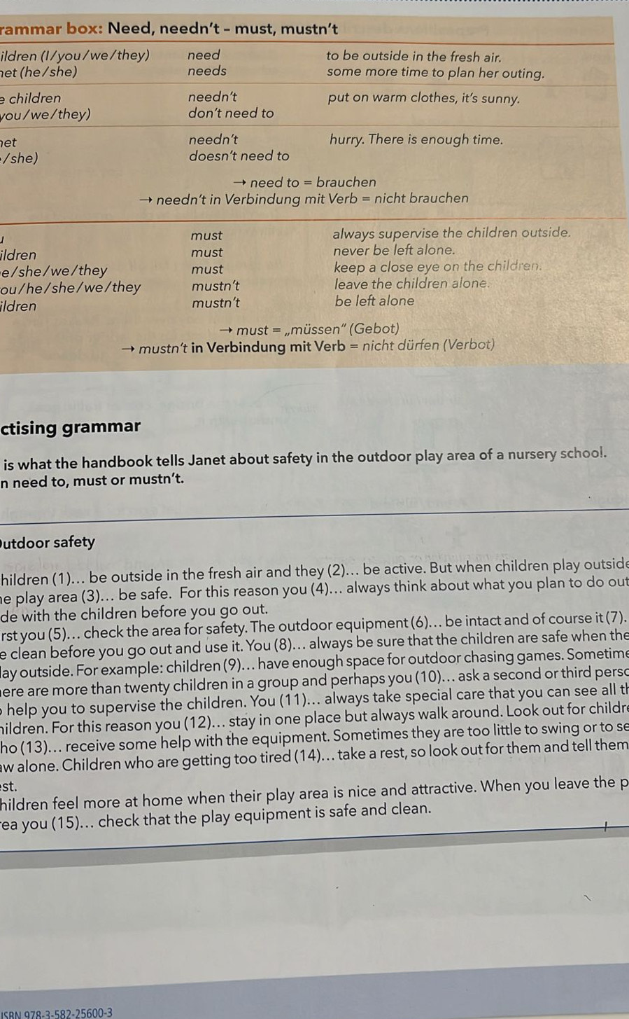 rammar box: Need, needn’t - must, mustn’t
ildren (I/you/we/they) need to be outside in the fresh air.
net (he/she) needs some more time to plan her outing.
echildren needn’t put on warm clothes, it's sunny.
you/we/they) don’t need to
needn’t
et hurry. There is enough time.
/she) doesn't need to
→ need to = brauchen
needn’t in Verbindung mit Verb = nicht brauchen
must always supervise the children outside.
ildren must never be left alone.
e/she/we/they must keep a close eye on the children.
ou/he/she/we/they mustn’t leave the children alone.
ildren mustn't be left alone
→ must = „müssen” (Gebot)
mustn't in Verbindung mit Verb = nicht dürfen (Verbot)
ctising grammar
is what the handbook tells Janet about safety in the outdoor play area of a nursery school.
n need to, must or mustn’t.
utdoor safety
hildren (1)... be outside in the fresh air and they (2)... be active. But when children play outside
he play area (3).. be safe. For this reason you (4)... always think about what you plan to do out
de with the children before you go out.
rst you (5).. check the area for safety. The outdoor equipment (6).. be intact and of course it (7).
e clean before you go out and use it. You (8). always be sure that the children are safe when the
lay outside. For example: children (9). . . have enough space for outdoor chasing games. Sometime
here are more than twenty children in a group and perhaps you (10)... ask a second or third perso
o help you to supervise the children. You (11)... always take special care that you can see all th
hildren. For this reason you (12)... stay in one place but always walk around. Look out for childre
ho (13).. receive some help with the equipment. Sometimes they are too little to swing or to se
aw alone. Children who are getting too tired (14).. take a rest, so look out for them and tell them
st.
hildren feel more at home when their play area is nice and attractive. When you leave the p
rea you (15)... check that the play equipment is safe and clean.
ISBN 978-3-582-25600-3