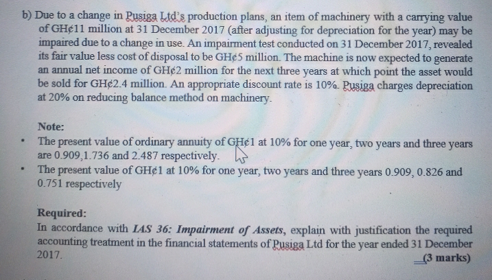 Due to a change in Pusiga Ltd's production plans, an item of machinery with a carrying value 
of GH¢11 million at 31 December 2017 (after adjusting for depreciation for the year) may be 
impaired due to a change in use. An impairment test conducted on 31 December 2017, revealed 
its fair value less cost of disposal to be GH¢5 million. The machine is now expected to generate 
an annual net income of GH¢2 million for the next three years at which point the asset would 
be sold for GH¢2.4 million. An appropriate discount rate is 10%. Pusiga charges depreciation 
at 20% on reducing balance method on machinery. 
Note: 
The present value of ordinary annuity of GH¢1 at 10% for one year, two years and three years
are 0.909, 1.736 and 2.487 respectively. 
The present value of GH¢1 at 10% for one year, two years and three years 0.909, 0.826 and
0.751 respectively 
Required: 
In accordance with IAS 36 : Impairment of Assets, explain with justification the required 
accounting treatment in the financial statements of Pusiga Ltd for the year ended 31 December 
2017. 
(3 marks)