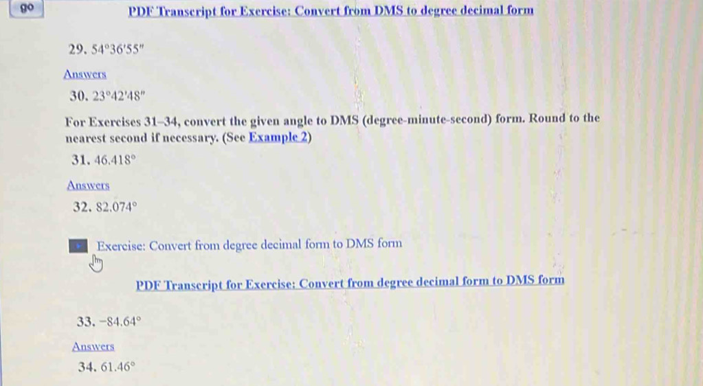 Solved: go PDF Transcript for Exercise: Convert from DMS to degree ...