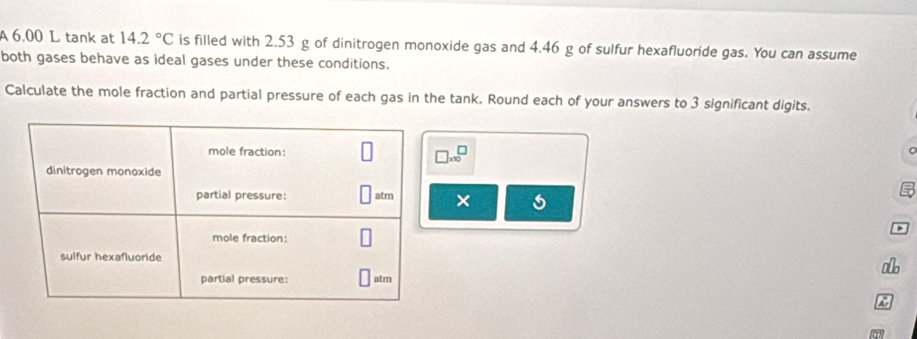 A 6.00 L tank at 14.2°C is filled with 2.53 g of dinitrogen monoxide gas and 4.46 g of sulfur hexafluoride gas. You can assume 
both gases behave as ideal gases under these conditions. 
Calculate the mole fraction and partial pressure of each gas in the tank. Round each of your answers to 3 significant digits.
□ * 10^□
× 
a 
ao 
A 
a