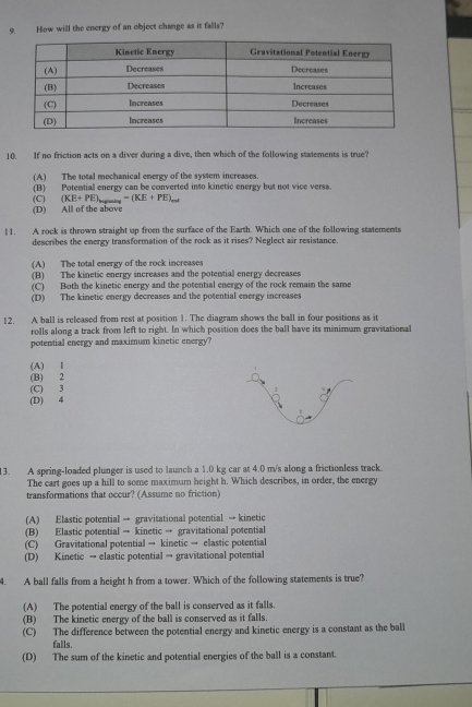 How will the energy of an object change as it falls?
10. If no friction acts on a diver during a dive, then which of the following statements is true?
(A) The total mechanical energy of the system increases
(B) Potential energy can be converted into kinetic energy but not vice versa.
(C) (KE+PE)_m cos kx =(KE+PE)_ent
(D) All of the above
!1. A rock is thrown straight up from the surface of the Earth. Which one of the following statements
describes the energy transformation of the rock as it rises? Neglect air resistance.
(A) The total energy of the rock increases
(B) The kinetic energy increases and the potential energy decreases
(C) Both the kinetic energy and the potential energy of the rock remain the same
(D) The kinetic energy decreases and the potential energy increases
12. A ball is released from rest at position 1. The diagram shows the ball in four positions as it
rolls along a track from left to right. In which position does the ball have its minimum gravitational
potential energy and maximum kinetic energy?
(A) 1
(B) 2
(C) 3
(D) 4
13. A spring-loaded plunger is used to launch a 1.0 kg car at 4.0 m/s along a frictionless track.
The cart goes up a hill to some maximum height h. Which describes, in order, the energy
transformations that occur? (Assume no friction)
(A) Elastic potential → gravitational potential → kinetic
(B) Elastic potential → kinetic → gravitational potential
(C) Gravitational potential → kinetic → elastic potential
(D) Kinetic → elastic potential → gravitational potential
4. A ball falls from a height h from a tower. Which of the following statements is true?
(A) The potential energy of the ball is conserved as it falls.
(B) The kinetic energy of the ball is conserved as it falls.
(C) The difference between the potential energy and kinetic energy is a constant as the ball
falls.
(D) The sum of the kinetic and potential energies of the ball is a constant.