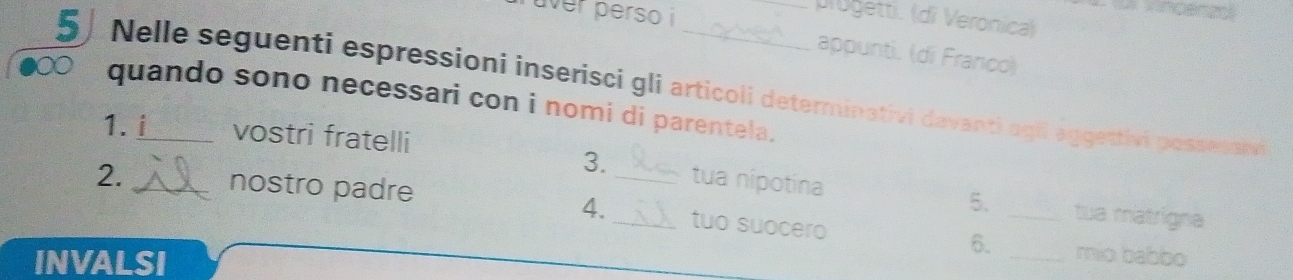 aver perso i 
_prügetti. (di Veronica) 
appunti. (di Franco) 
5) Nelle seguenti espressioni inserisci gli articoli determinativi davanti agli aggettivi possetsiv 
a quando sono necessari con i nomi di parentela. 
1. i vostri fratelli 
3._ tua nipotina 
2. _nostro padre 
5. _tua matrigna 
4._ tuo suocero 
INVALSI 
6. _mio babbo