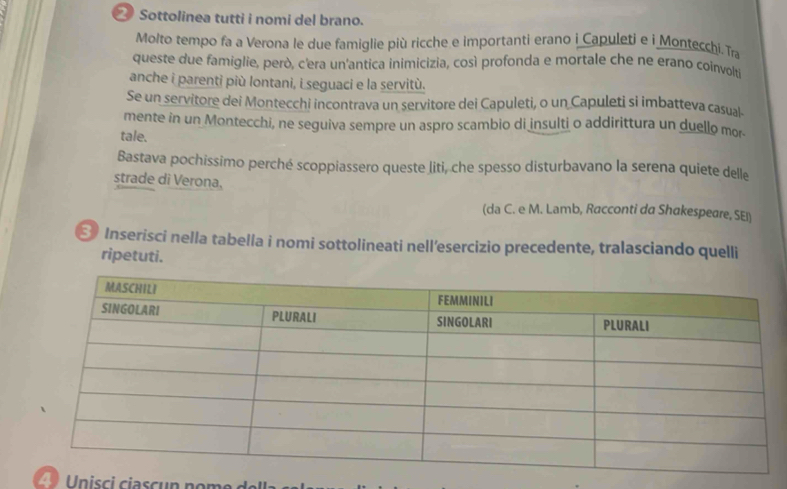 Sottolinea tutti i nomi del brano. 
Molto tempo fa a Verona le due famiglie più ricche e importanti erano i Capuleti e i Montecchi. Tra 
queste due famiglie, però, c'era un'antica inimicizia, così profonda e mortale che ne erano coinvolti 
anche i parenti più lontani, i seguaci e la servitù. 
Se un servitore dei Montecchi incontrava un servitore dei Capuleti, o un Capuleti si imbatteva casua 
mente in un Montecchi, ne seguiva sempre un aspro scambio di insulti o addirittura un duello mor- 
tale. 
Bastava pochissimo perché scoppiassero queste liti, che spesso disturbavano la serena quiete delle 
strade di Verona, 
(da C. e M. Lamb, Racconti da Shakespeare, SEI) 
Inserisci nella tabella i nomi sottolineati nell’esercizio precedente, tralasciando quelli 
ripetuti.