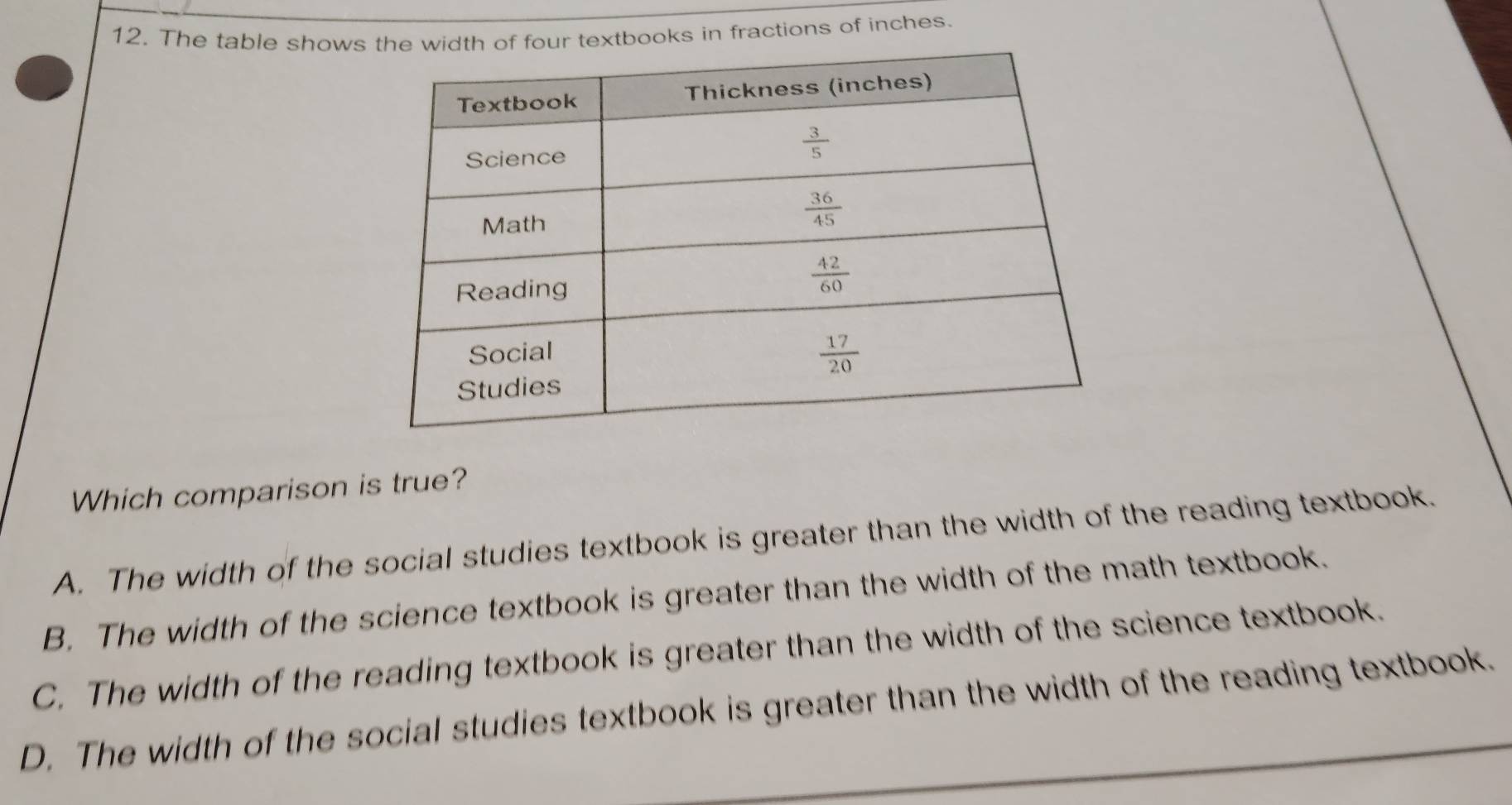 The table shows four textbooks in fractions of inches.
Which comparison is true?
A. The width of the social studies textbook is greater than the width of the reading textbook.
B. The width of the science textbook is greater than the width of the math textbook.
C. The width of the reading textbook is greater than the width of the science textbook.
D. The width of the social studies textbook is greater than the width of the reading textbook.