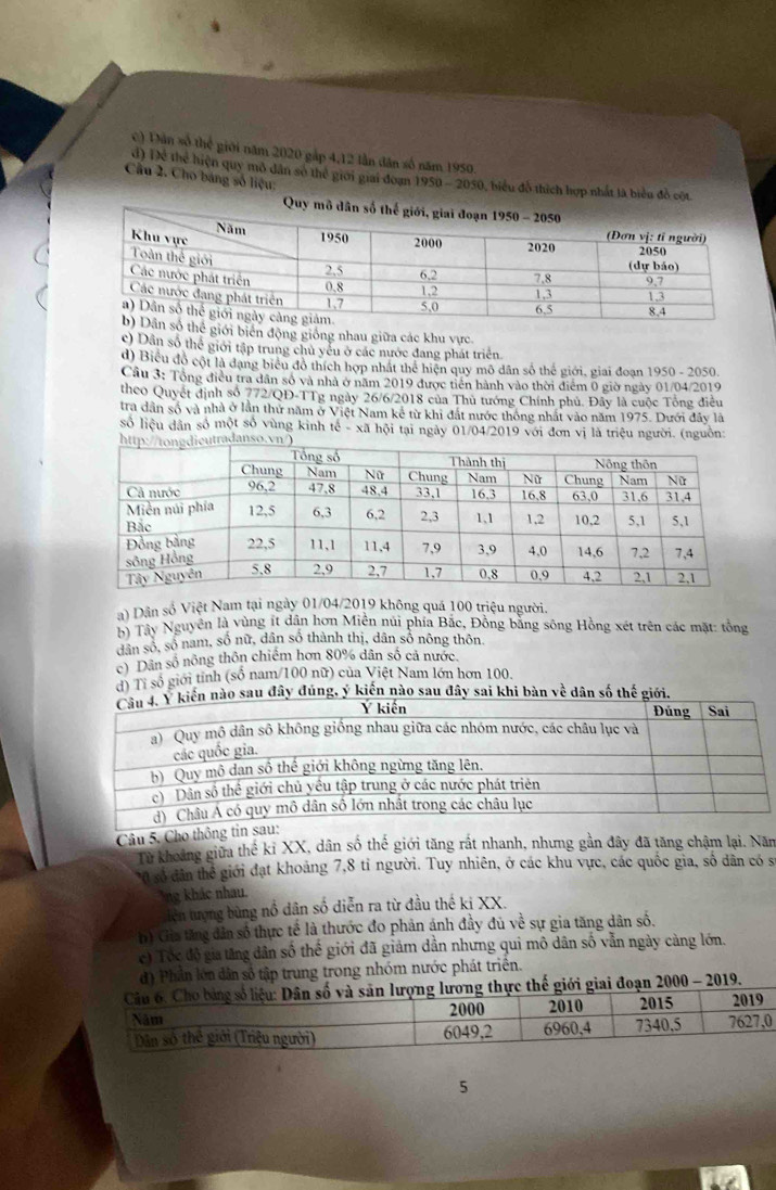 Dân số thể giới năm 2020 gắp 4,12 lần dân số năm 1959,
d) Đề thể hiện quy mô dân số thể giới giai đoạn 1950 - 2050, biểu đồ thích hợp nhất là biểu đồ cột
Cầu 2. Cho bảng số liệu;
giới biến động giống nhau giữa các khu vực.
c) Dân số thể giới tập trung chủ yếu ở các nước đang phát triển.
d) Biểu đó cột là đạng biểu đô thích hợp nhất thể hiện quy mô dân số thế giới, giai đoạn 1950 - 2050.
Câu 3: Tổng điều tra dân số và nhà ở năm 2019 được tiền hành vào thời điểm 0 giờ ngày 01/04/2019
theo Quyết định số 772/QD-TTg ngày 26/6/2018 của Thủ tướng Chính phủ. Đây là cuộc Tông điều
tra dân số và nhà ở lần thứ năm ở Việt Nam kẻ từ khi đất nước thống nhất vào năm 1975. Dưới đây là
số liệu dân số một số vùng kinh tế - xã hội tại ngày 01/04/2019 với đơn vị là triệu người. (nguồn:
htutradanso.vn/
a) Dân số Việt Nam tại ngày 01/04/2019 không quá 100 triệu người.
b) Tây Nguyên là vùng ít dân hơn Miền núi phía Bắc, Đồng bằng sông Hồng xét trên các mặt: tổng
dân số, số nam, số nữ, dân số thành thị, dân số nông thôn.
c) Dân số nông thôn chiếm hơn 80% dân số cả nước
d) Tỉ số giới tỉnh (số nam/100 nữ) của Việt Nam lớn hơn 100.
sau đây đúng, ý kiến nào sau đây sai khi bàn về dân số thế giới.
Câu 5. Cho thông tin 
Từ khoảng giữa thể kỉ XX, dân số thế giới tăng rất nhanh, nhưng gần đây đã tăng chậm lại. Năm
*0 số dân thể giới đạt khoảng 7,8 tỉ người. Tuy nhiên, ở các khu vực, các quốc gia, số dân có s
ng khác nhau.
iện tượng bùng nổ dân số diễn ra từ đầu thế ki XX.
h) Gia tăng dân số thực tế là thước đo phản ánh đầy đủ về sự gia tăng dân số.
c) Tốc độ gia tăng dân số thế giới đã giảm dẫn nhưng qui mô dân số vẫn ngày cảng lớn.
d) Phần lớn dân số tập trung trong nhóm nước phát triên.
thực thế giới giai đoạn 2000 - 2019.
0
5