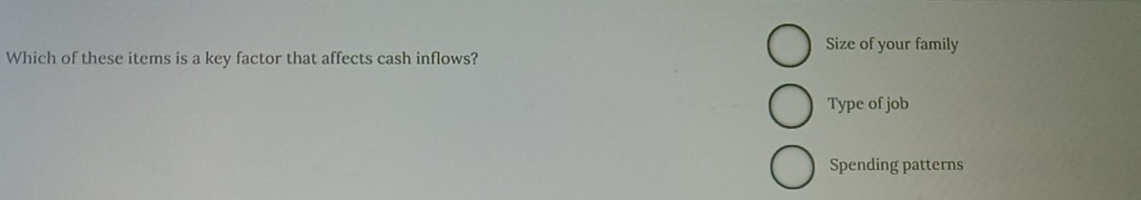 Size of your family
Which of these items is a key factor that affects cash inflows?
Type of job
Spending patterns