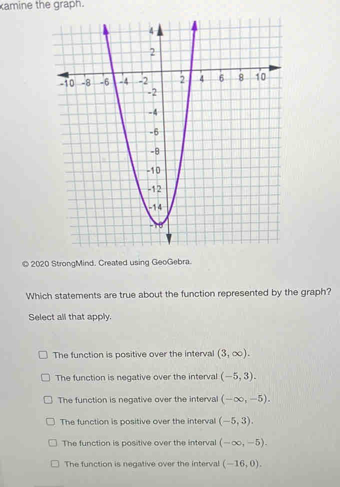 kamine the graph.
© 2020 StrongMind. Created using GeoGebra.
Which statements are true about the function represented by the graph?
Select all that apply.
The function is positive over the interval (3,∈fty ).
The function is negative over the interval (-5,3).
The function is negative over the interval (-∈fty ,-5).
The function is positive over the interval (-5,3).
The function is positive over the interval (-∈fty ,-5).
The function is negative over the interval (-16,0).