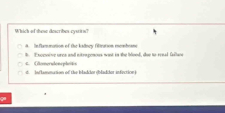 Which of these describes cystitts?
a. Inflammation of the kidney filtration membrane
b. Excessive urea and nitrogenous wast in the blood, due to renal failure
c. Gãomerulonephritis
d. Inflammation of the bladder (bladder infection)
go