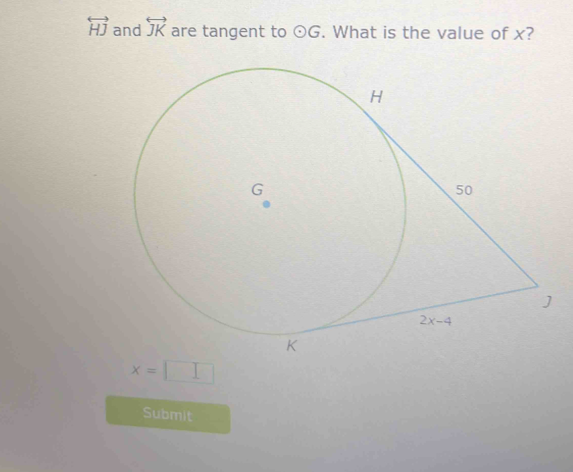 overleftrightarrow HJ and overleftrightarrow JK are tangent to odot G. What is the value of x?
x=□
Submit