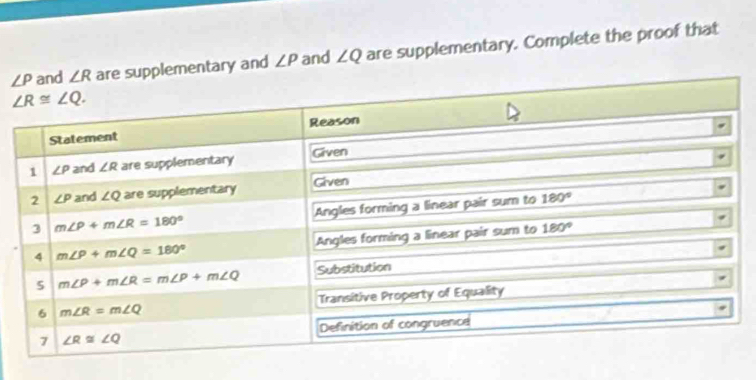 pplementary and ∠ P and ∠ Q are supplementary. Complete the proof that