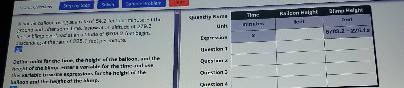 < Unit Overview Step-by-Step Solver Sample Problem Hints
A hot-air balloon rising at a rate of 54.2 feet per minute left the 
ground and, after some time, is now at an altitude of 279.3
feet. A blimp overhead at an altitude of 6703.2 feet begins
descending at the rate of 225.1 feet per minute. 
a
Define units for the time, the height of the balloon, and the
height of the blimp. Enter a variable for the time and use
this variable to write expressions for the height of the 
balloon and the height of the blimp.
Question 4