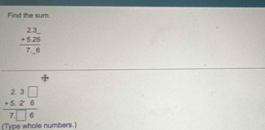 Find the sum.
beginarrayr 2.3_  +5.26 hline 7.6endarray
beginarrayr 2.3□  +5.26 hline 7□ 6endarray
(Type whole numbers.)