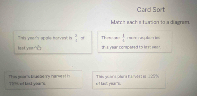 Card Sort 
Match each situation to a diagram. 
This year's apple harvest is  3/4  of There are  1/4  more raspberries 
last year'! this year compared to last year. 
This year's blueberry harvest is This year's plum harvest is 125%
75% of last year 's. of last year's.