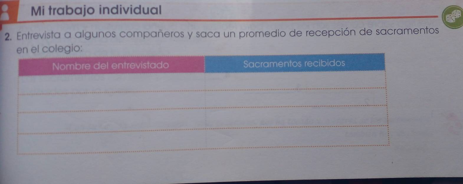 Mi trabajo individual 
2. Entrevista a algunos compañeros y saca un promedio de recepción de sacramentos