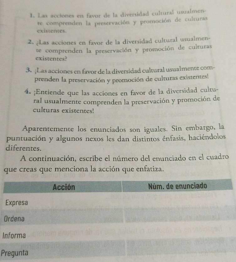 Las acciones en favor de la diversidad cultural usualmen- 
re comprenden la preservación y promoción de culturas 
existentes. 
2. ¿Las acciones en favor de la diversidad cultural usualmen- 
te comprenden la preservación y promoción de culturas 
existentes? 
3. ¡Las acciones en favor de la diversidad cultural usualmente com- 
prenden la preservación y promoción de culturas existentes! 
4. ¡Entiende que las acciones en favor de la diversidad cultu- 
ral usualmente comprenden la preservación y promoción de 
culturas existentes! 
Aparentemente los enunciados son iguales. Sin embargo, la 
puntuación y algunos nexos les dan distintos énfasis, haciéndolos 
diferentes. 
A continuación, escribe el número del enunciado en el cuadro 
que creas que menciona la acción que enfatiza. 
I 
P